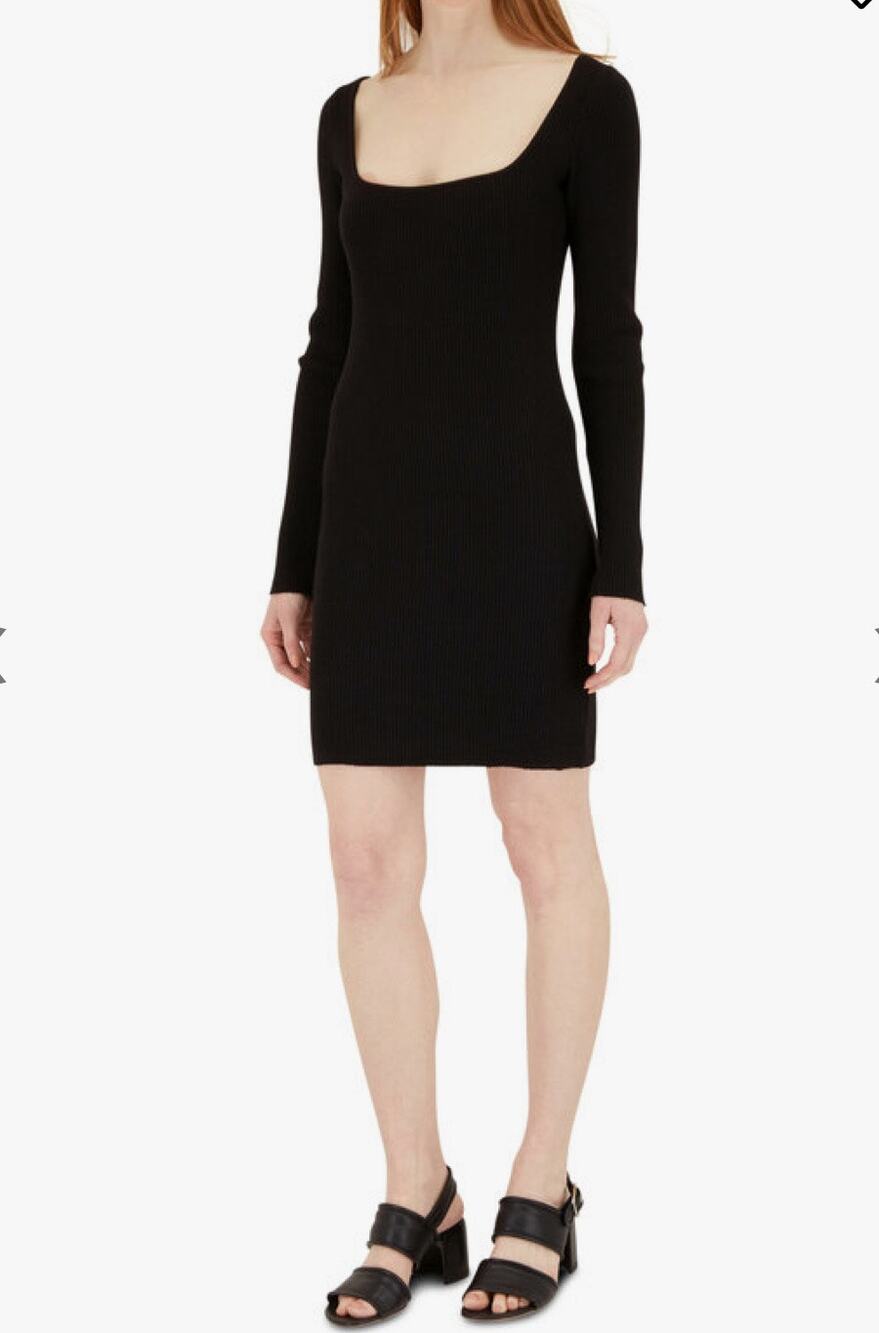 Vince Black Square Neck Knit Dress Long Sleeves Ribbed Mini Dress Size: Medium